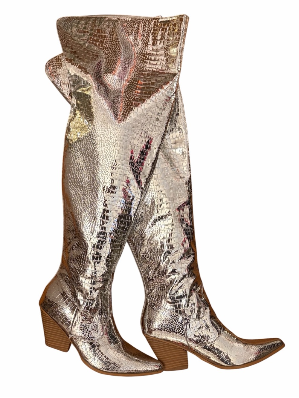 Cape Robbin Metallic Croc-Embossed Over-the-Knee Boots - Silver